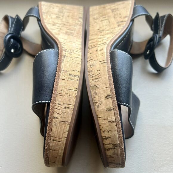Bernardo Anthropologie Navy Blue Leather Cork Wedge Sandals Ankle Strap Women 9 - Picture 14 of 16